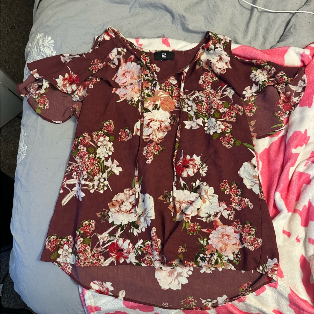 iZ BYER maroon floral blouse - cold shoulder